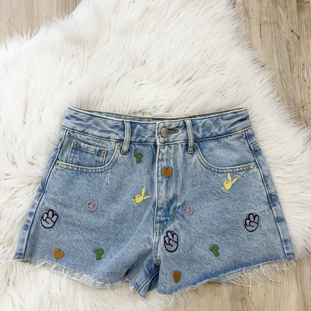 Playboy X Pacsun Emoji Embroidered Cut Off Denim Shorts Size 24 q5910